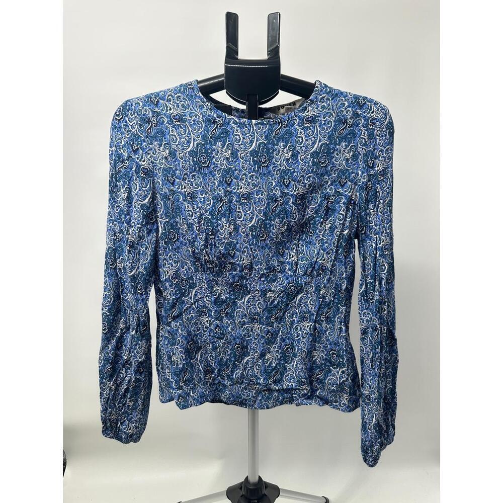 Boden Blouse Blue Print Long Sleeve Crew Neck Contemporary Size US 10